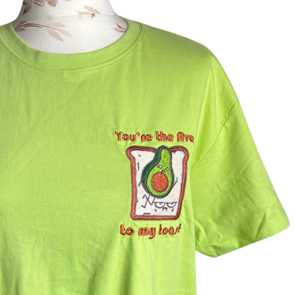 T-shirt pistacjowy bawełniany z haftem awokado - okrągly dekolt, oversize Unisex - obrazek 3