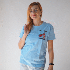 T-shirt niebieski bawełniany z haftem ketchupu XS - okrągły dekolt, oversize Unisex