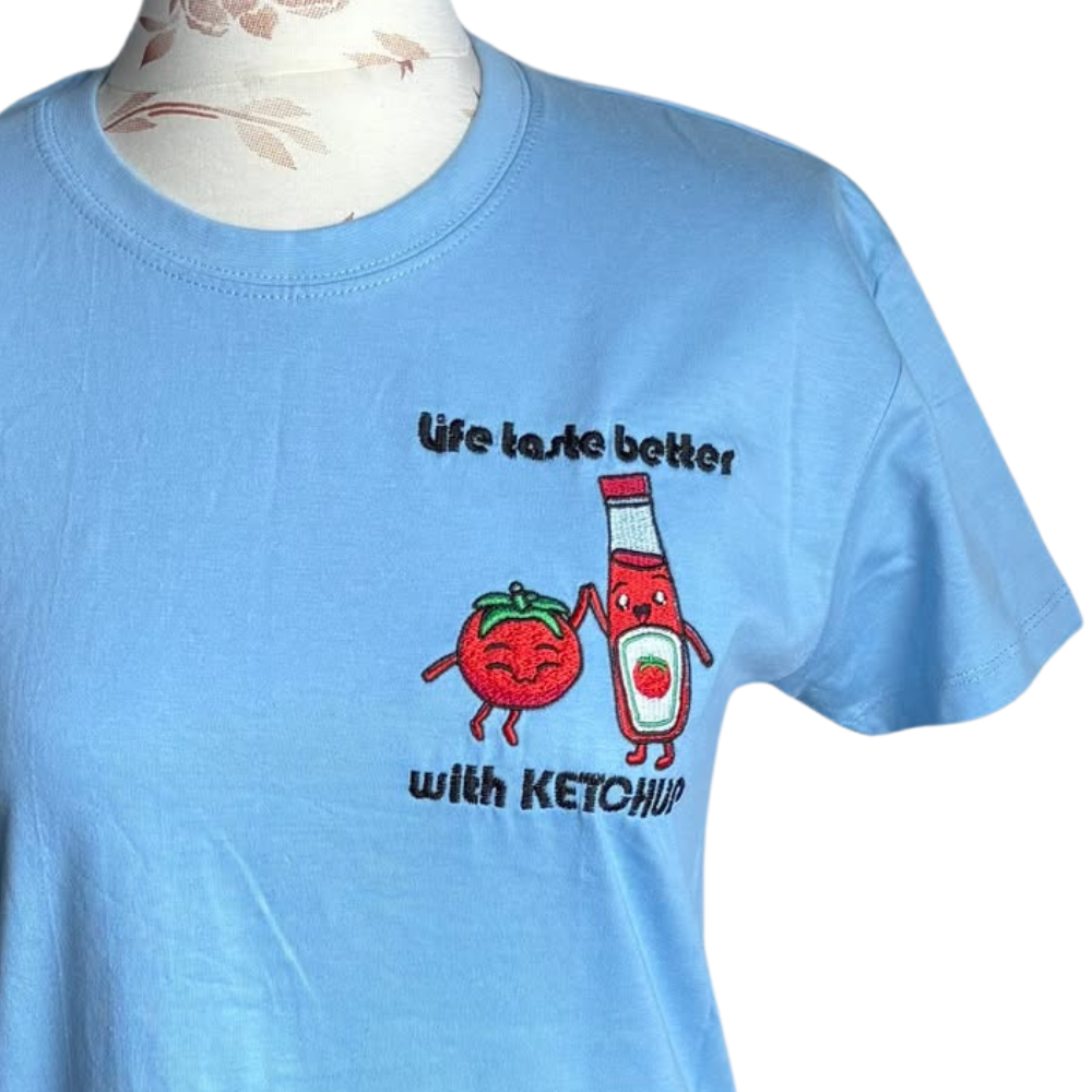 T-shirt niebieski bawełniany z haftem ketchupu XS - okrągły dekolt, oversize Unisex - obrazek 3
