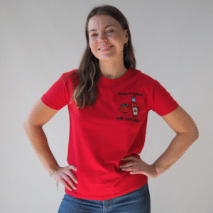 T-shirt czerwony bawełniany z haftem ketchupu XS - okrągły dekolt, oversize Unisex